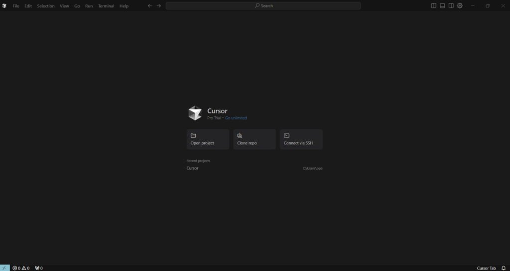 Головний екран редактора Cursor AI з логотипом і кнопками запуску проєкту
